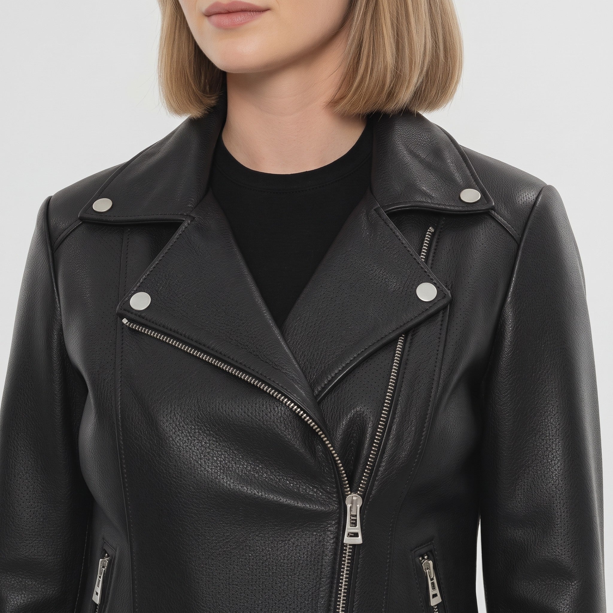 Women's Black Pebbled Leather Biker Jacket — Belstead