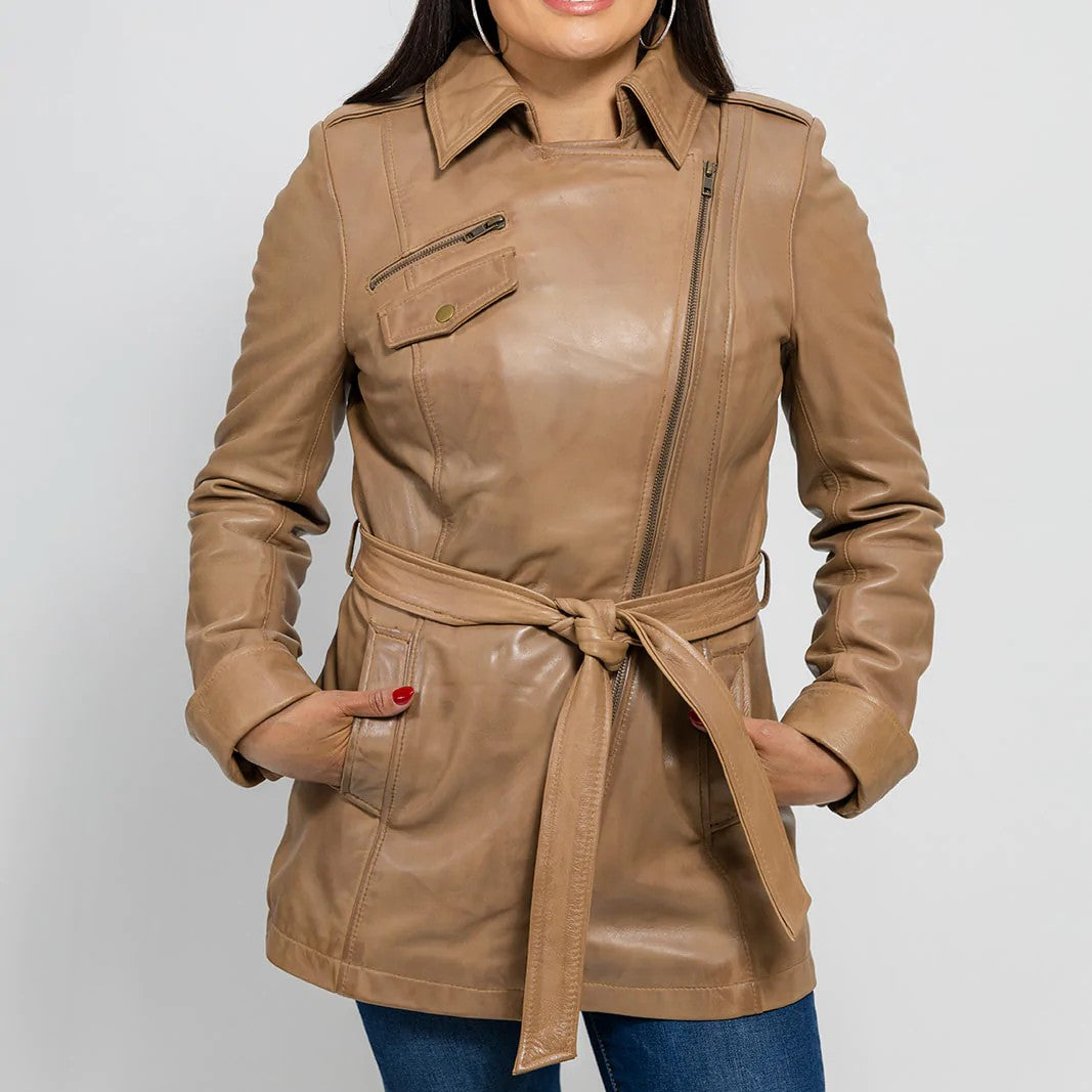 Women's Tan Leather Biker Jacket — Downham