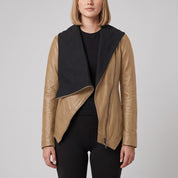 Women's Tan Asymmetrical Zip Leather Biker Jacket — Livingstone