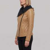 Women's Tan Asymmetrical Zip Leather Biker Jacket — Livingstone