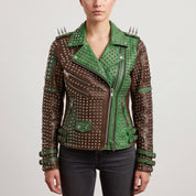 Women's Brown and Green Studded Leather Biker Jacket — Burnett