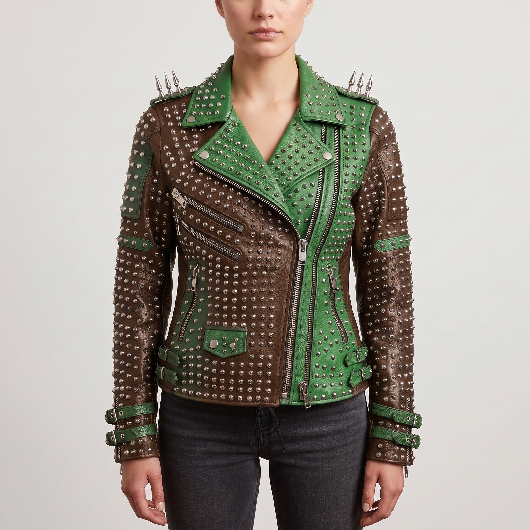 Women's Brown and Green Studded Leather Biker Jacket — Burnett
