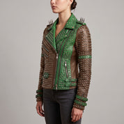 Women's Brown and Green Studded Leather Biker Jacket — Burnett