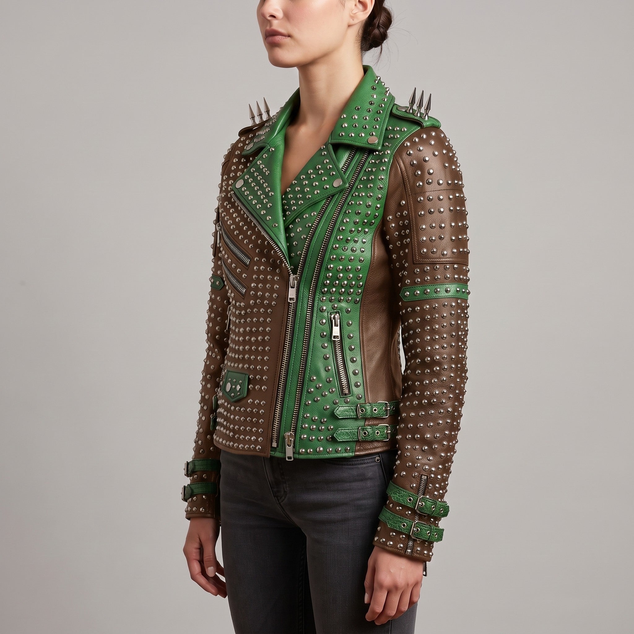 Women's Brown and Green Studded Leather Biker Jacket — Burnett