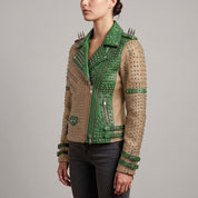 Women's Tan and Green Studded Leather Biker Jacket — Burnett