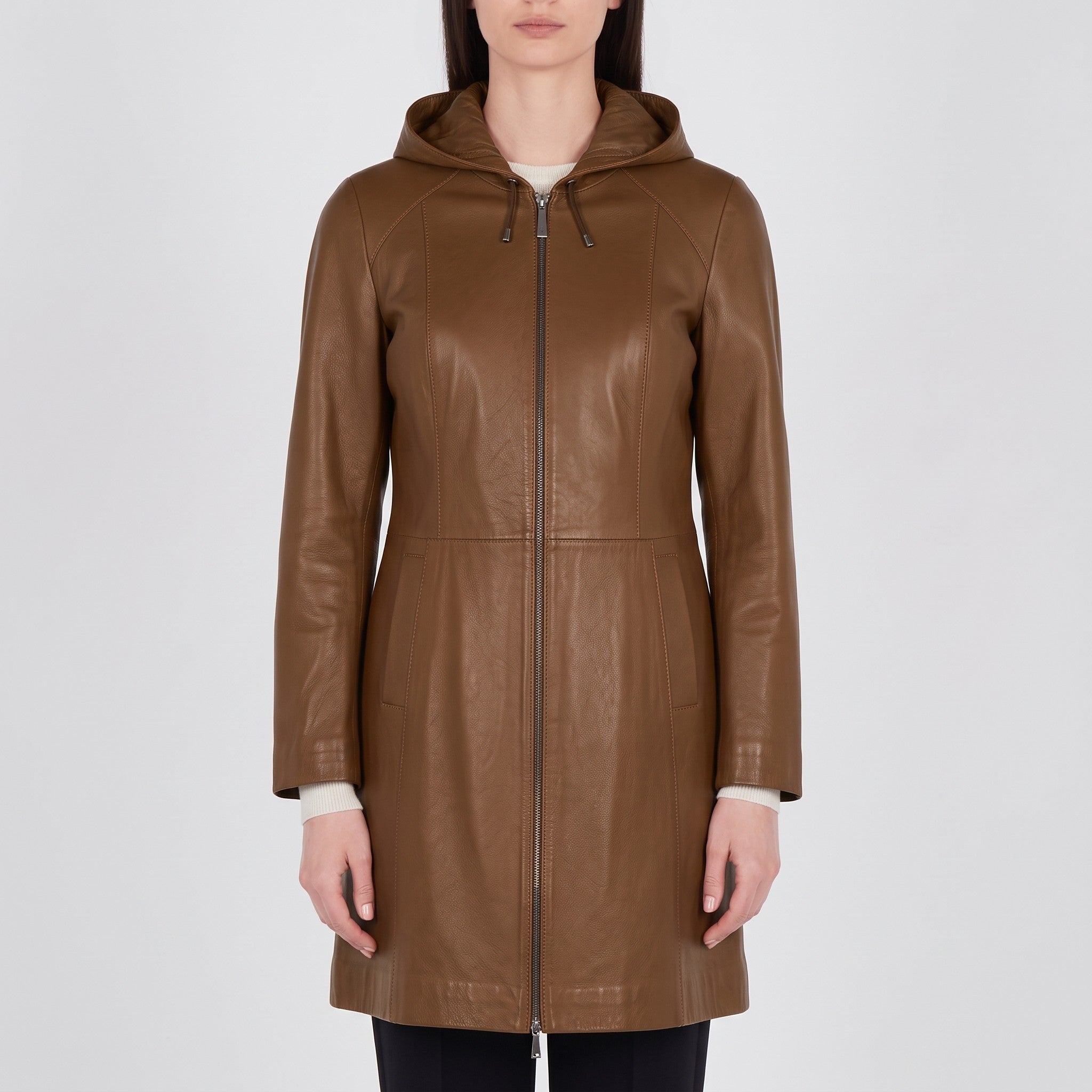 Women's Brown Hooded Leather Jacket — Baldwin