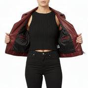 Women's Burgundy Asymmetric Zip Leather Biker Jacket — Yarmouth