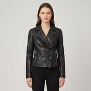 Women's Black Frill Detail Leather Biker Jacket — Alcester