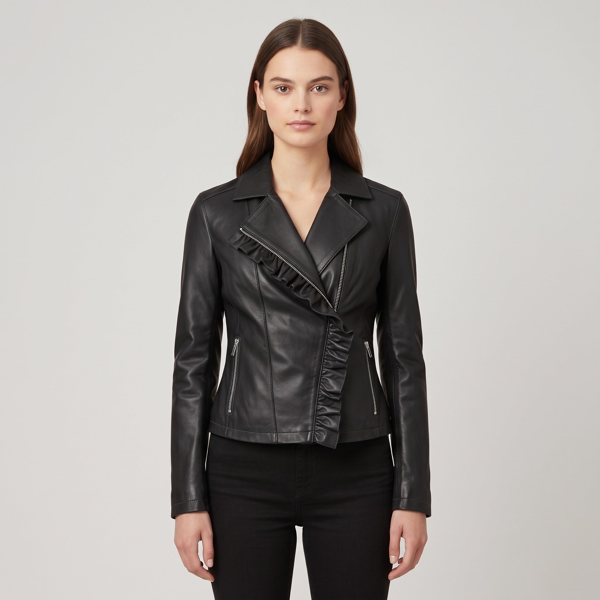 Women's Black Frill Detail Leather Biker Jacket — Alcester