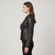 Women's Black Frill Detail Leather Biker Jacket — Alcester