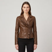 Women's Brown Frill Detail Leather Biker Jacket — Alcester