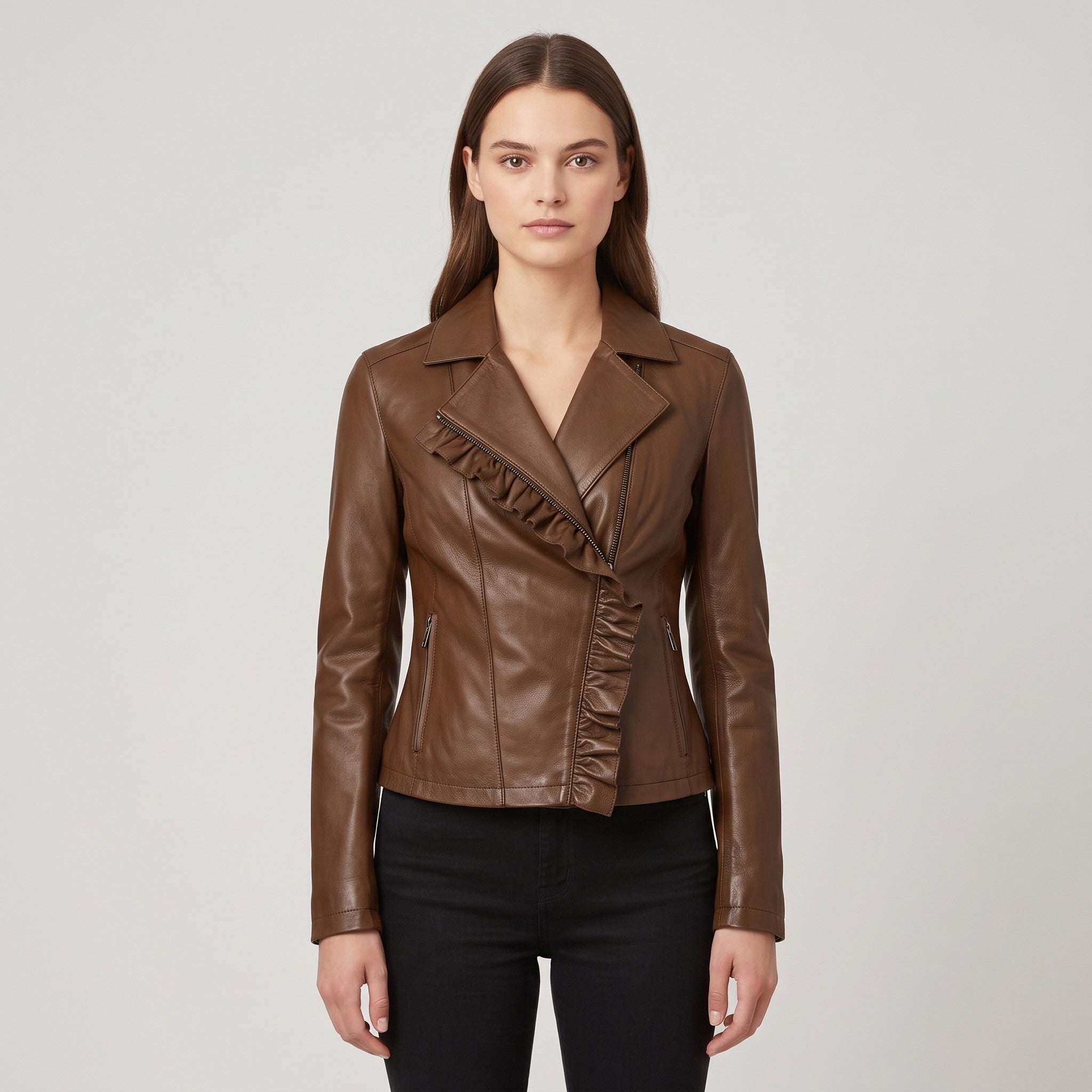 Women's Brown Frill Detail Leather Biker Jacket — Alcester