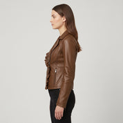 Women's Brown Frill Detail Leather Biker Jacket — Alcester