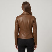 Women's Brown Frill Detail Leather Biker Jacket — Alcester