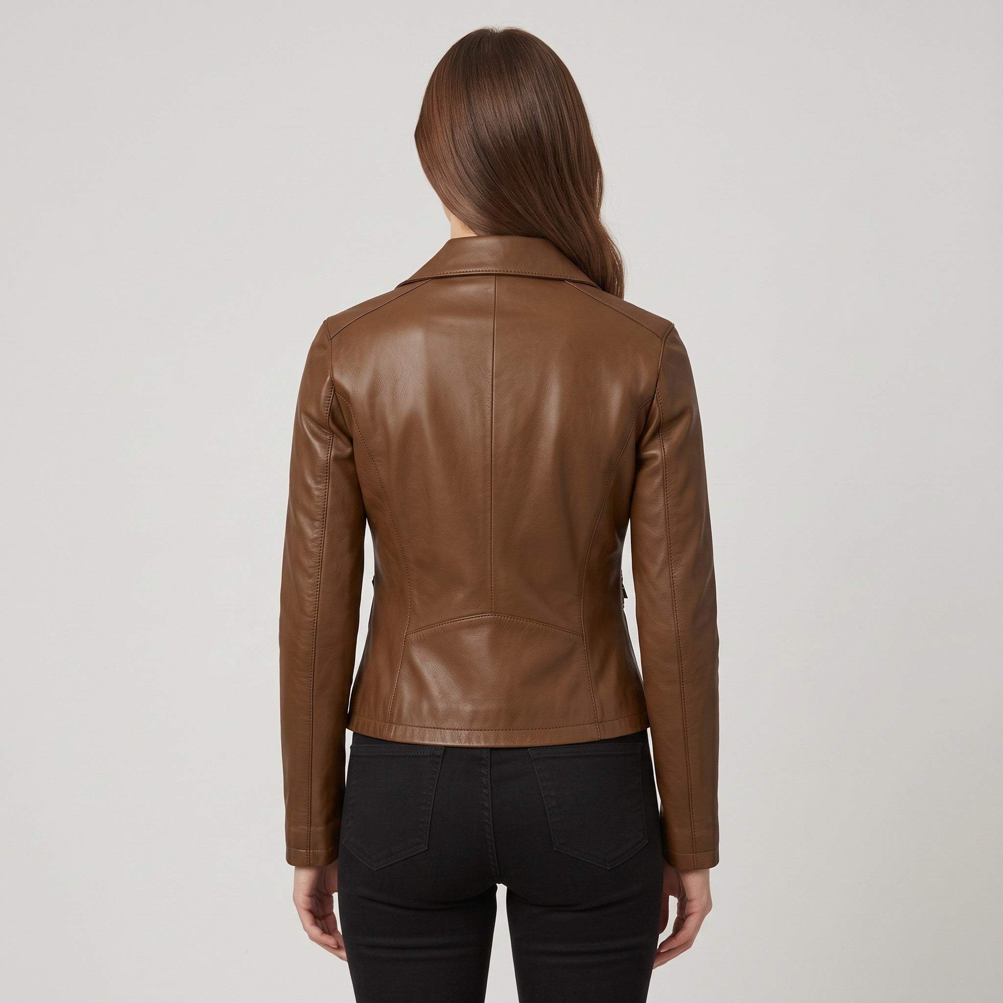 Women's Brown Frill Detail Leather Biker Jacket — Alcester