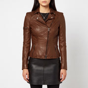 Women's Brown Asymmetric Zip Leather Biker Jacket — Yarmouth