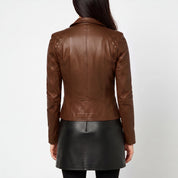 Women's Brown Asymmetric Zip Leather Biker Jacket — Yarmouth