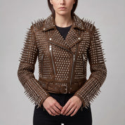 Women's Brown Studded Leather Biker Jacket — Derrington