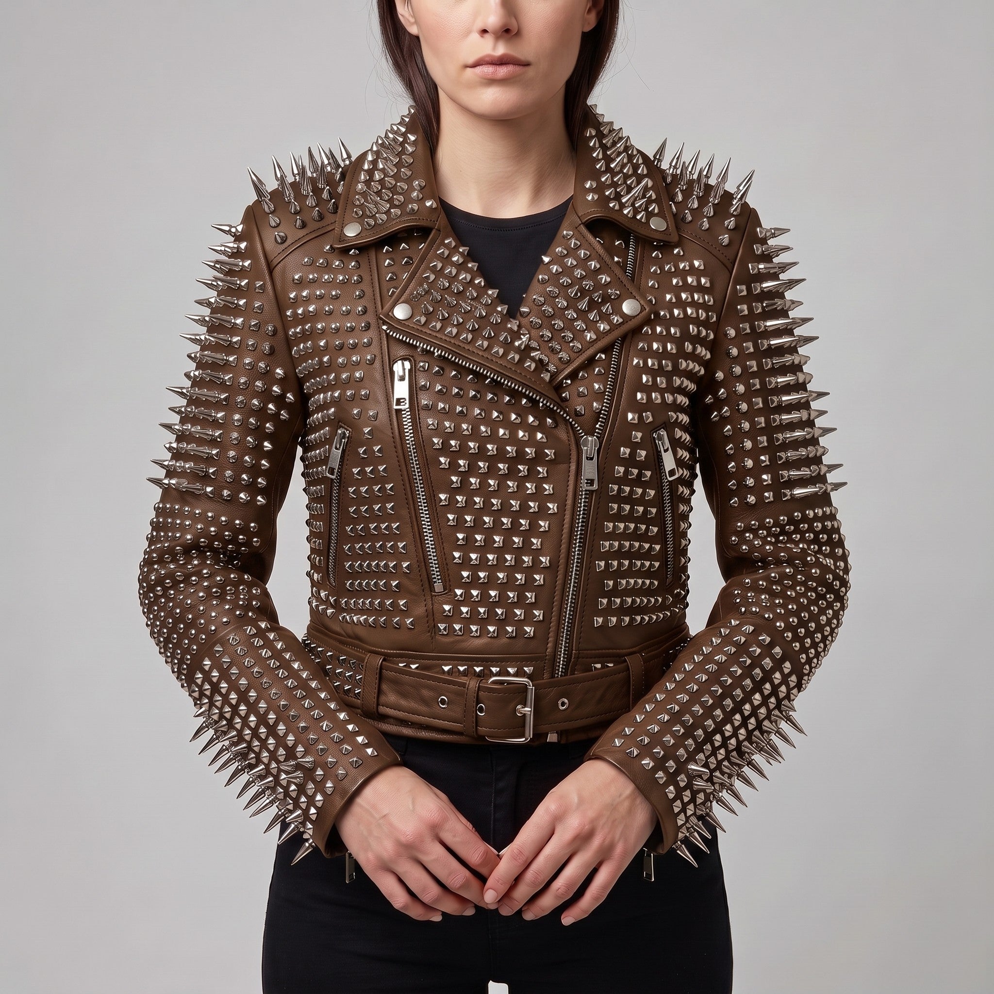 Women's Brown Studded Leather Biker Jacket — Derrington