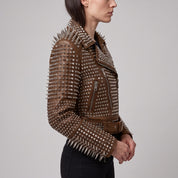 Women's Brown Studded Leather Biker Jacket — Derrington