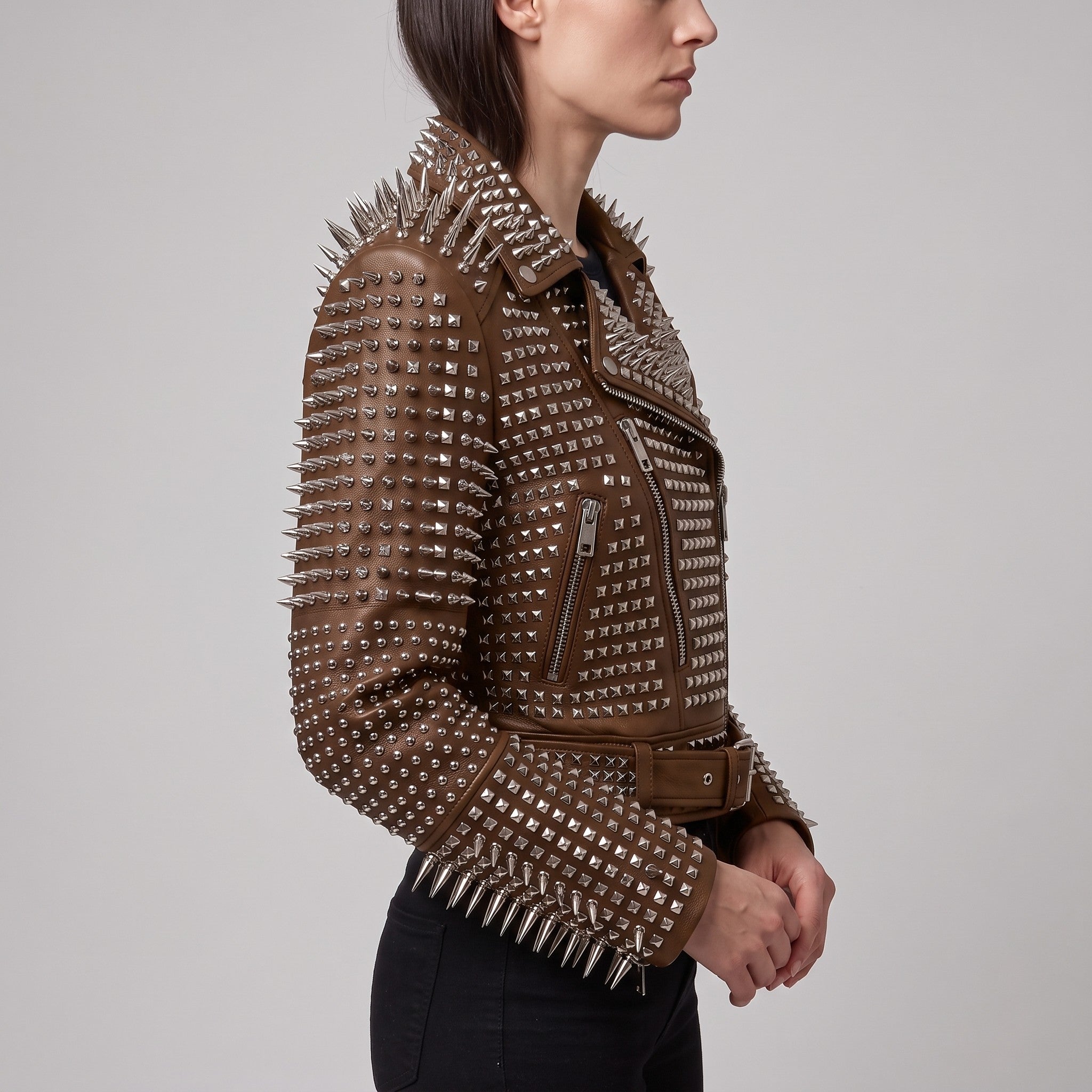 Women's Brown Studded Leather Biker Jacket — Derrington