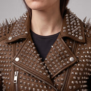 Women's Brown Studded Leather Biker Jacket — Derrington