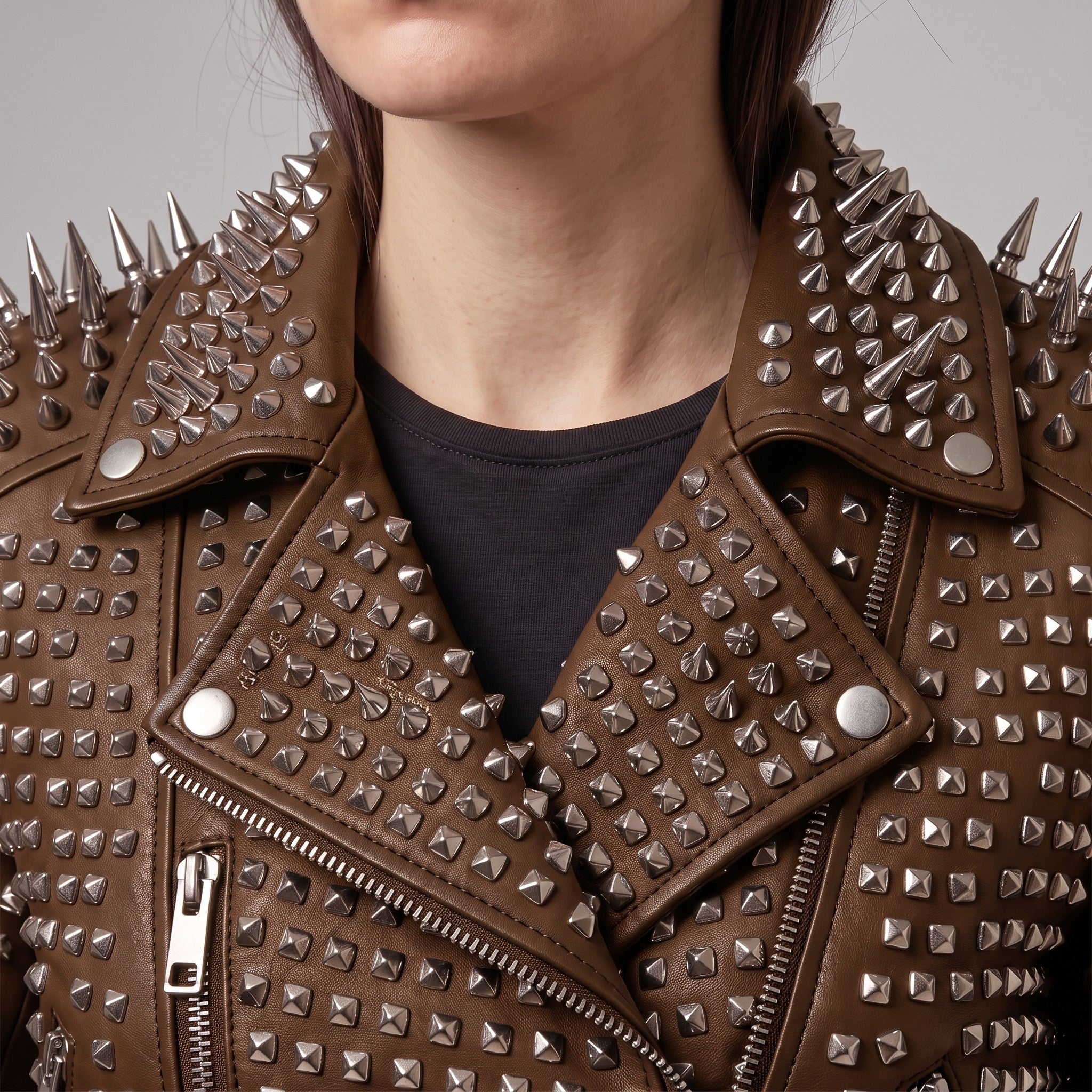 Women's Brown Studded Leather Biker Jacket — Derrington