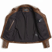 Women's Brown Studded Leather Biker Jacket — Derrington