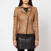 Women's Tan Asymmetric Zip Leather Biker Jacket — Yarmouth