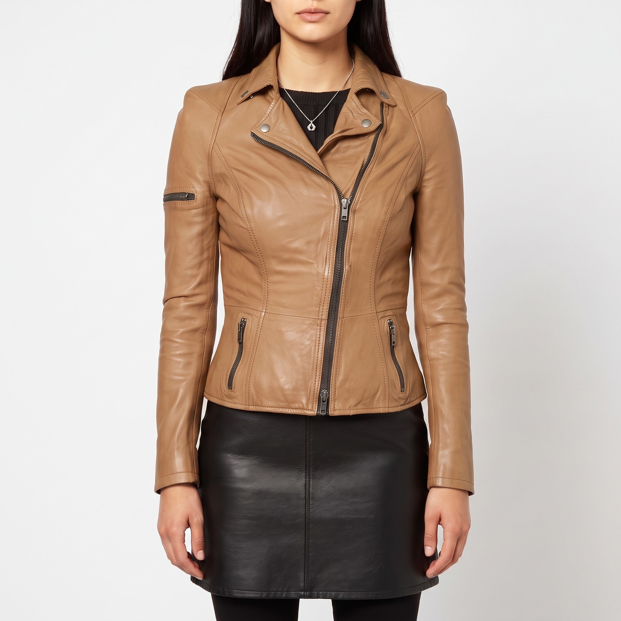 Women's Tan Asymmetric Zip Leather Biker Jacket — Yarmouth