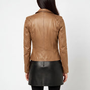 Women's Tan Asymmetric Zip Leather Biker Jacket — Yarmouth