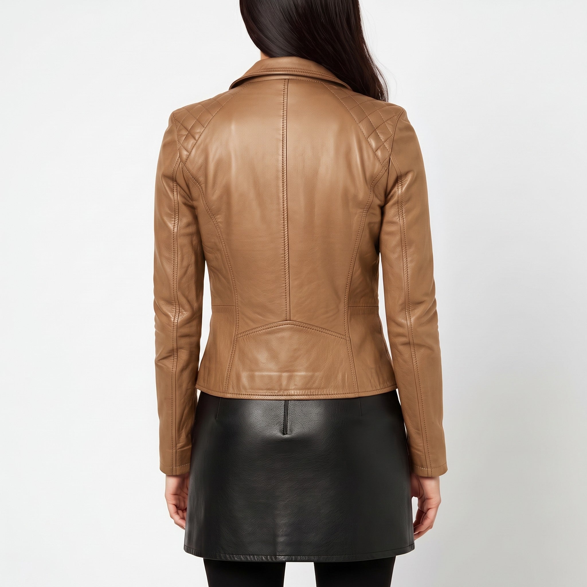 Women's Tan Asymmetric Zip Leather Biker Jacket — Yarmouth