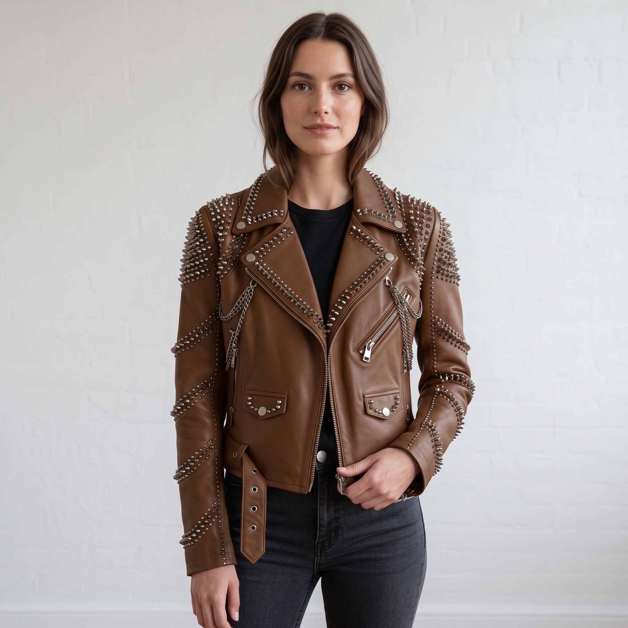 Women's Brown Studded Leather Biker Jacket — Seddon