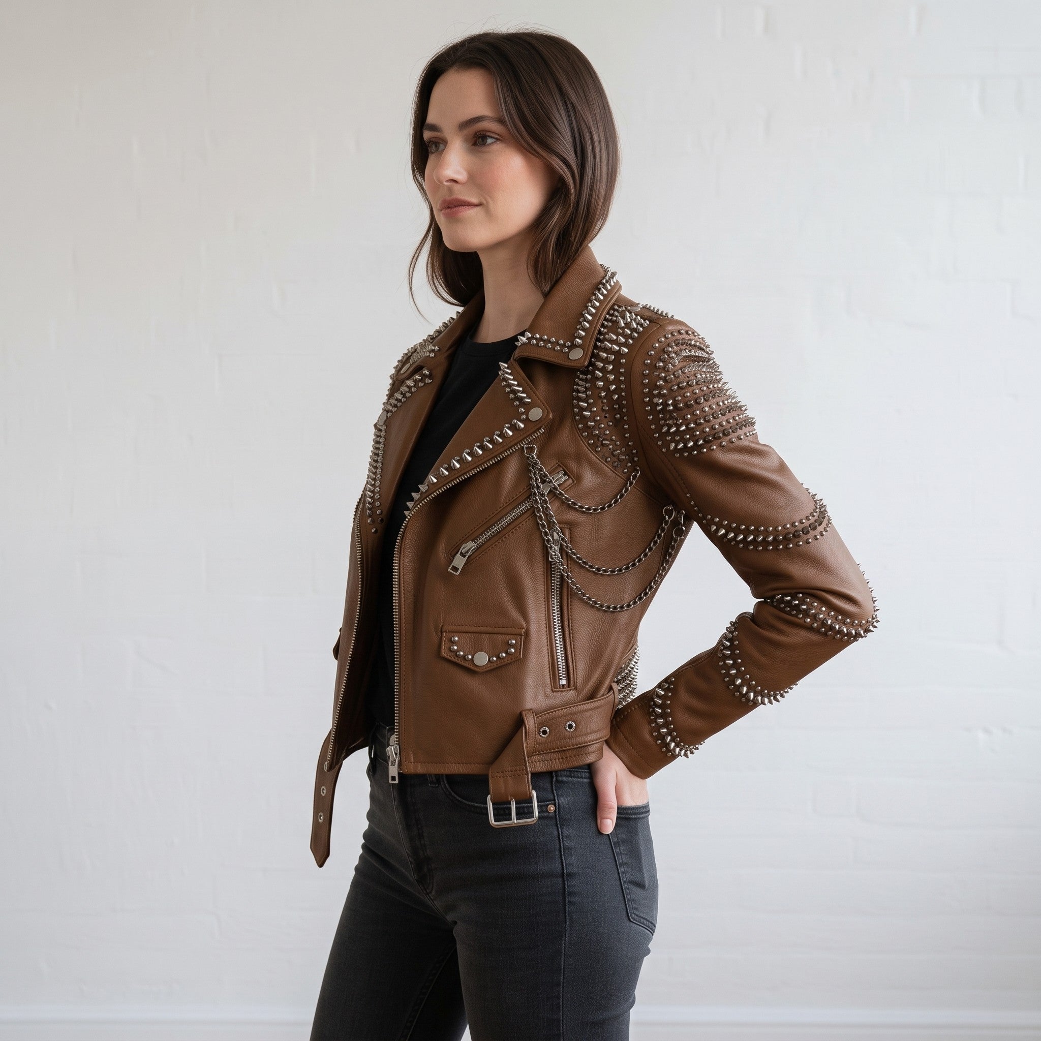 Women's Brown Studded Leather Biker Jacket — Seddon
