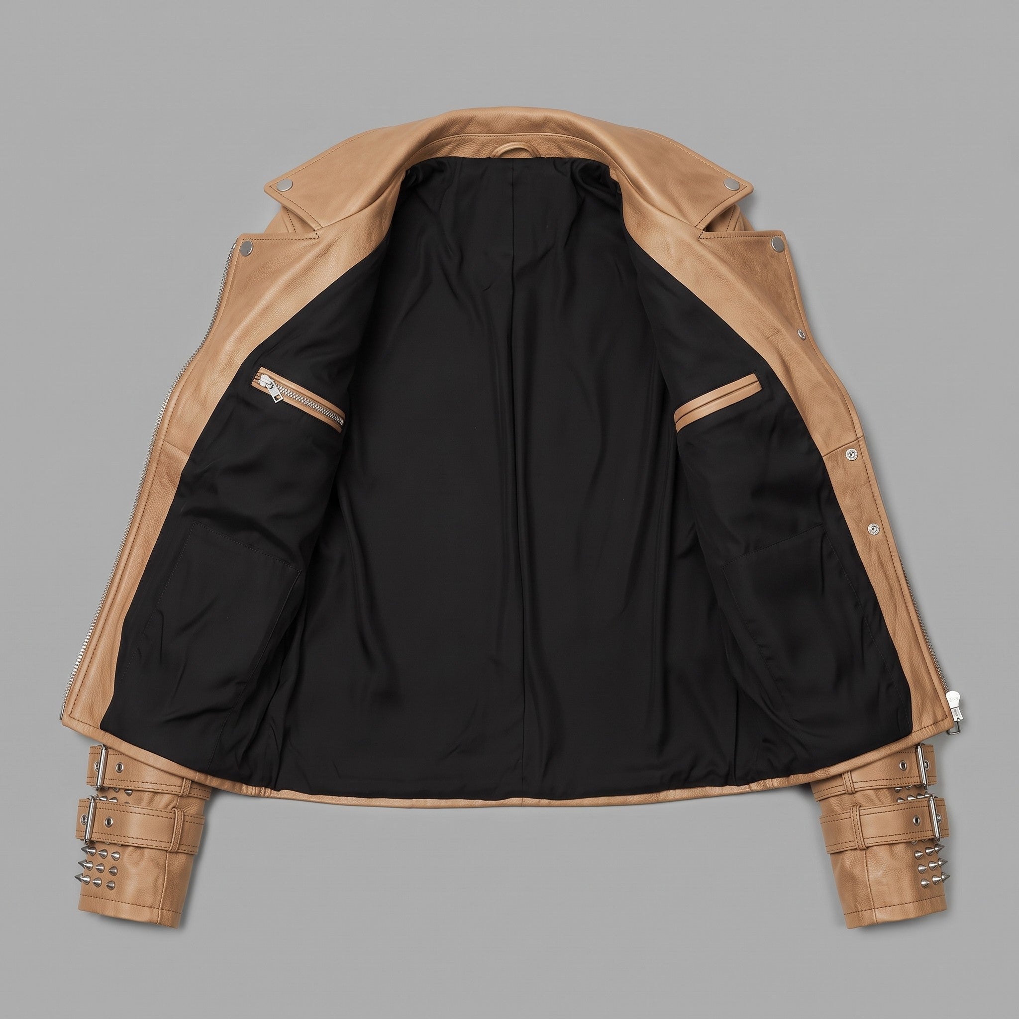 Women's Tan Studded Leather Biker Jacket — Fritton