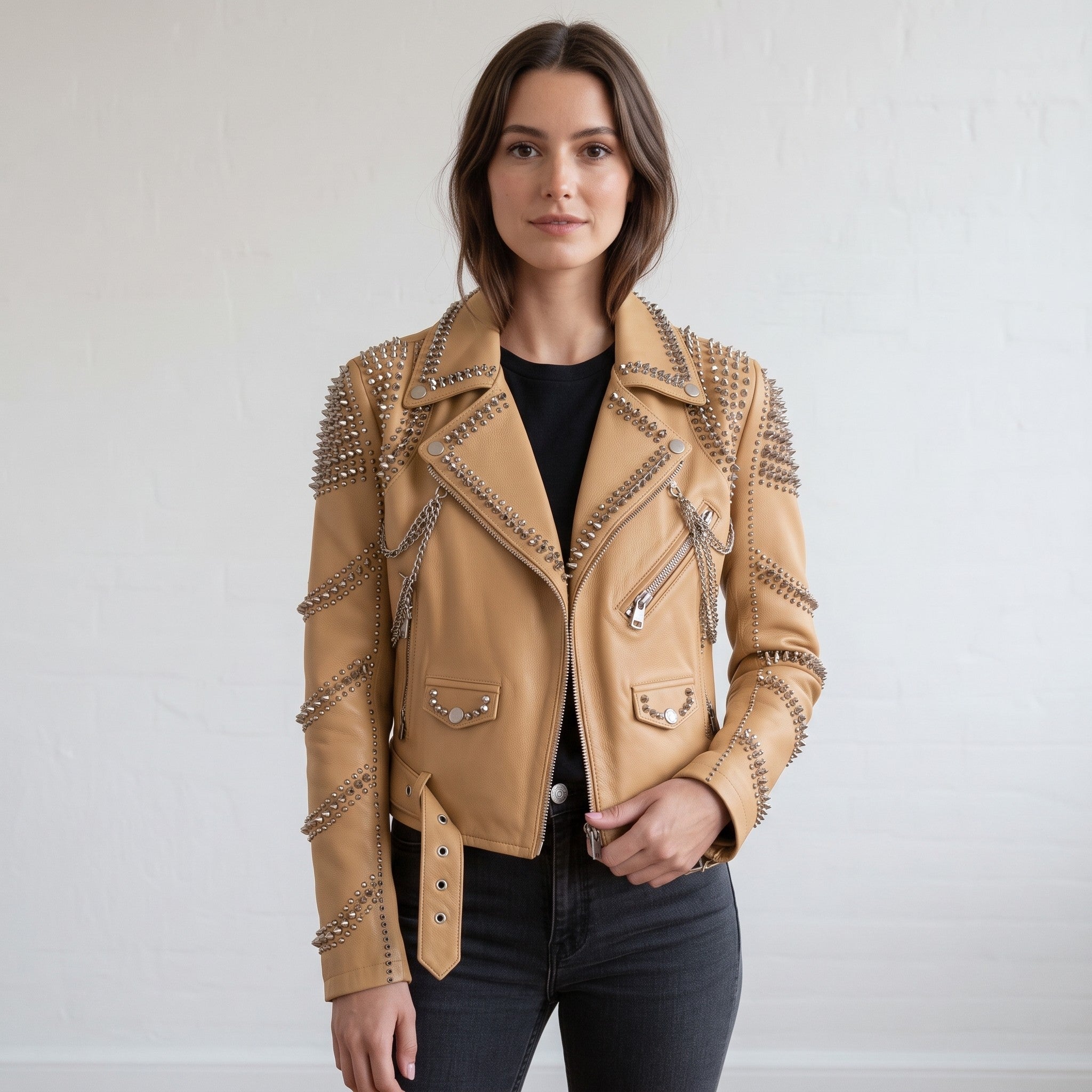 Women's Tan Studded Leather Biker Jacket — Seddon
