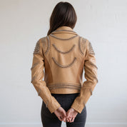Women's Tan Studded Leather Biker Jacket — Seddon