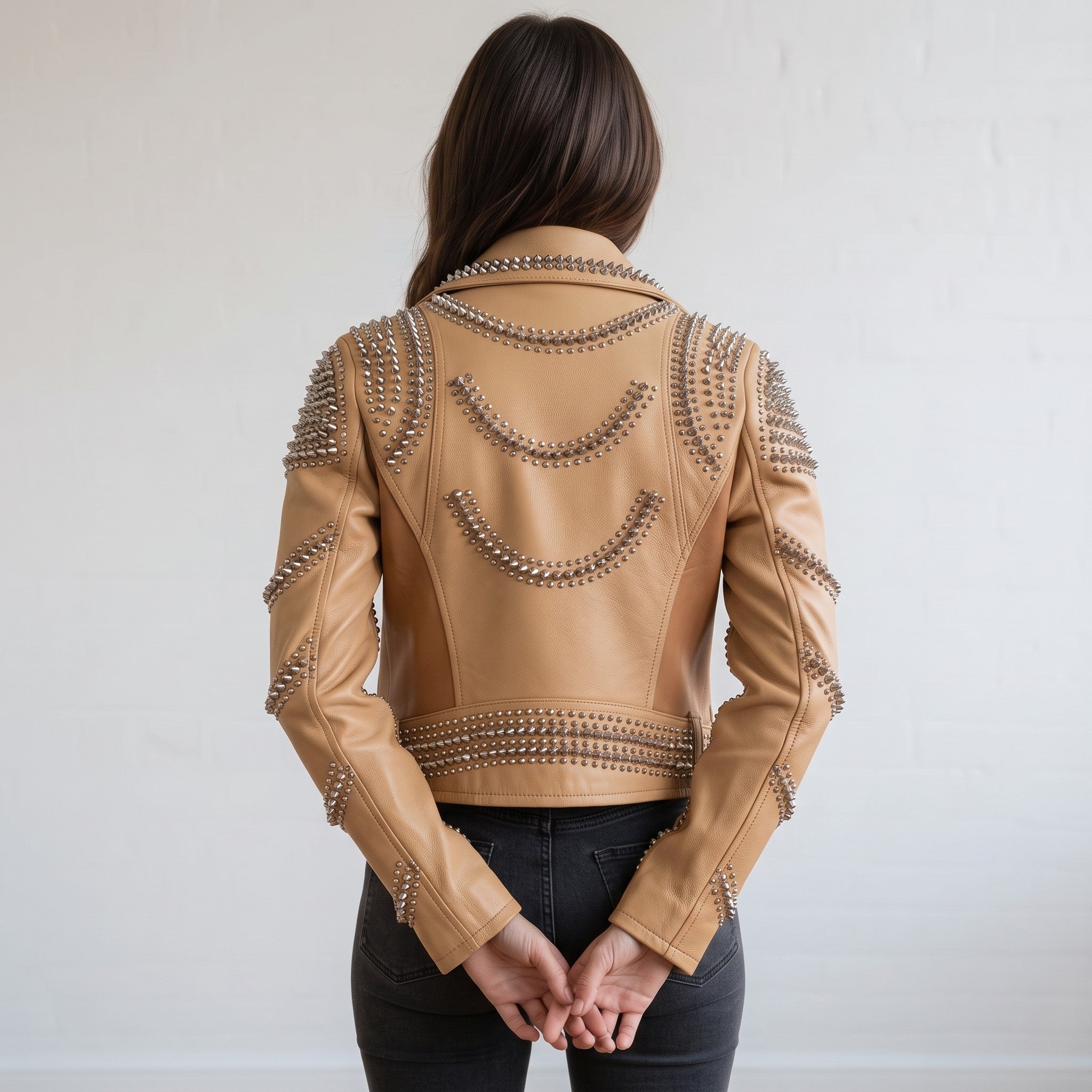 Women's Tan Studded Leather Biker Jacket — Seddon