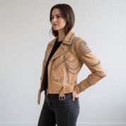 Women's Tan Studded Leather Biker Jacket — Seddon