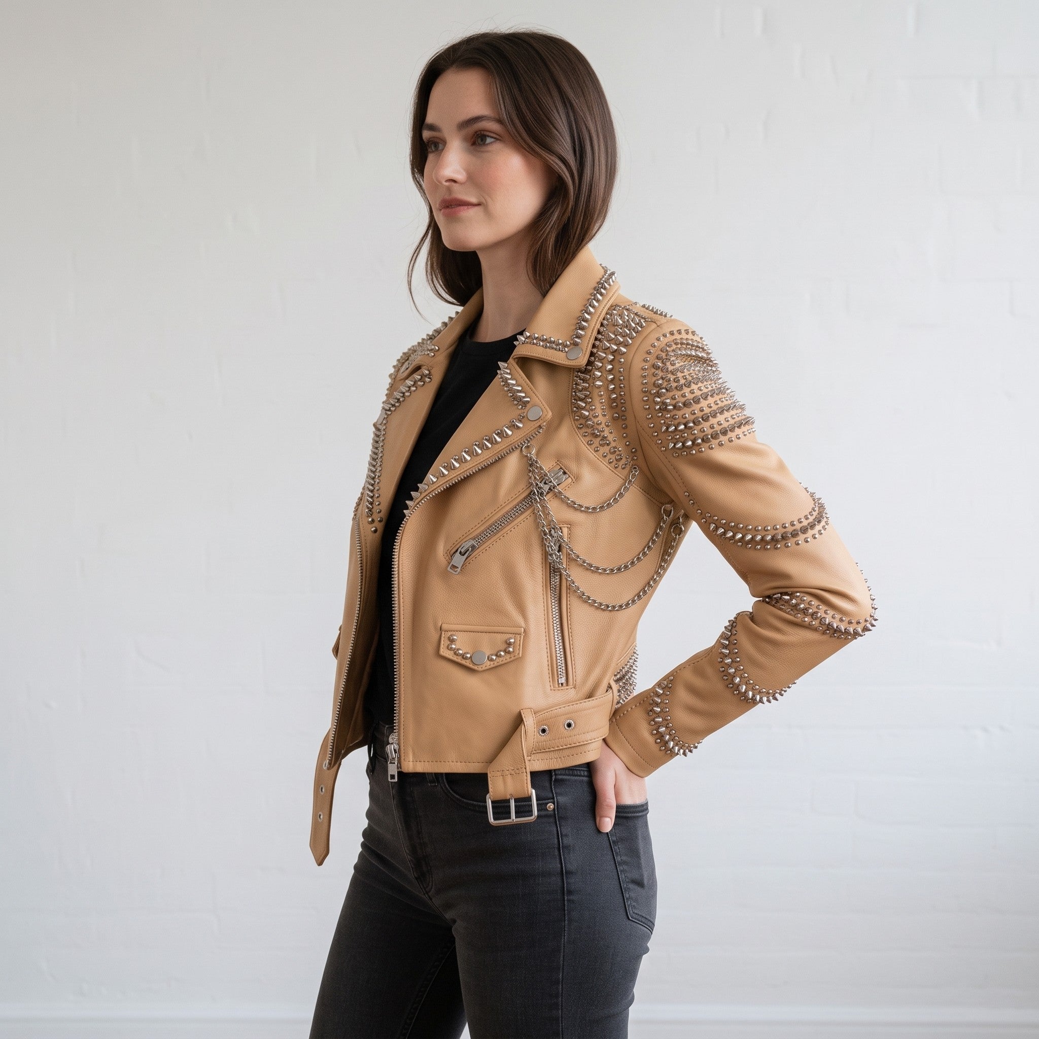 Women's Tan Studded Leather Biker Jacket — Seddon