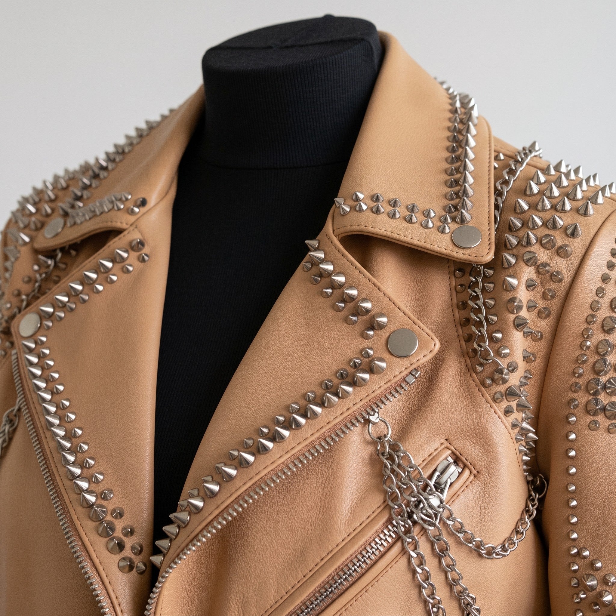 Women's Tan Studded Leather Biker Jacket — Seddon