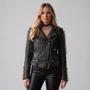 Women's Black Studded Leather Biker Jacket — Basing