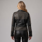 Women's Black Studded Leather Biker Jacket — Basing