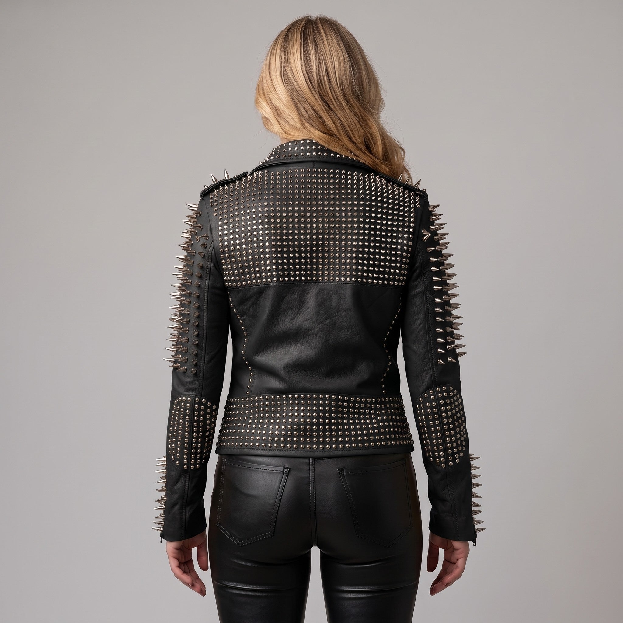 Women's Black Studded Leather Biker Jacket — Basing