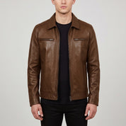 Men's Brown Shirt Collar Leather Biker Jacket — Bedminster
