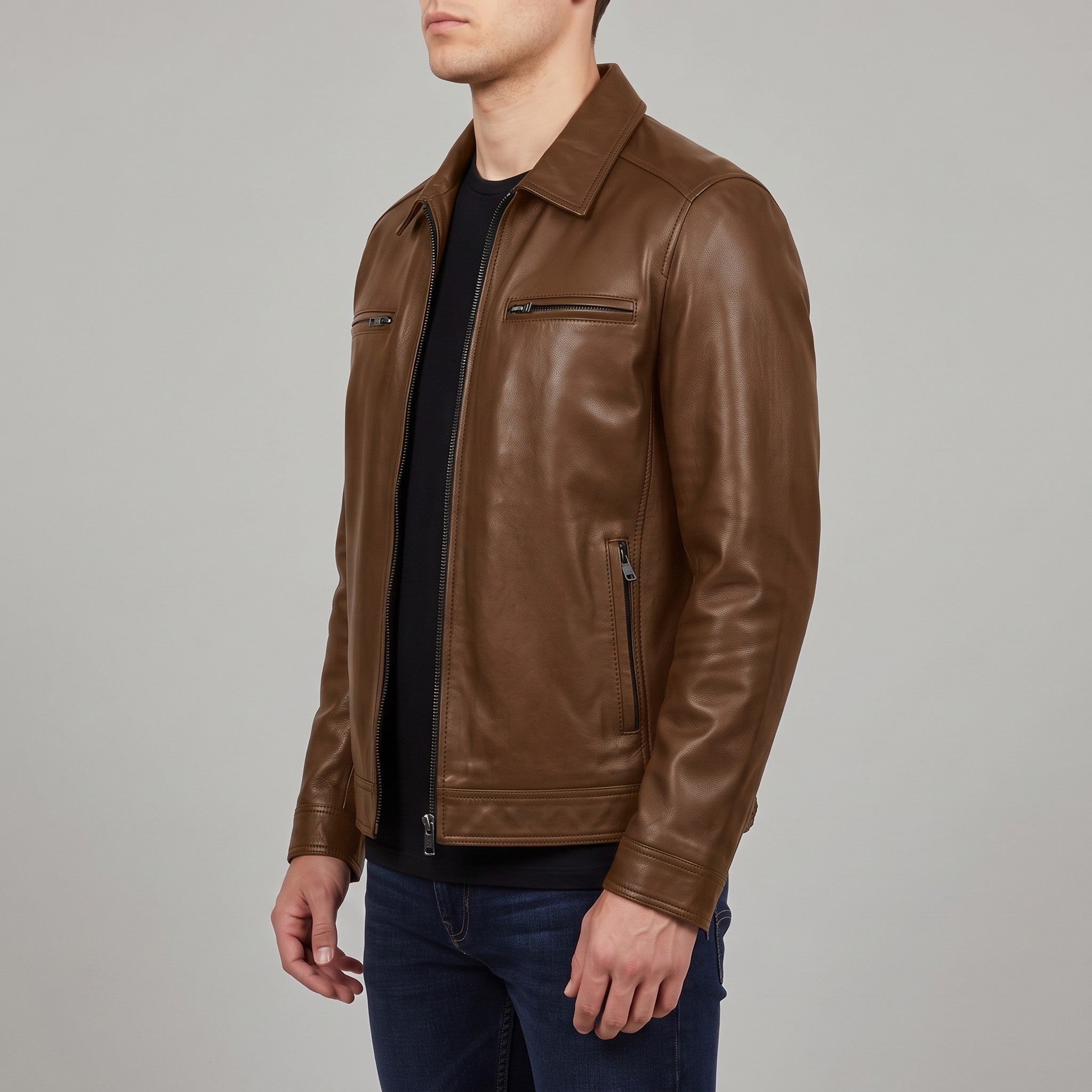 Men's Brown Shirt Collar Leather Biker Jacket — Bedminster
