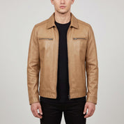 Men's Tan Shirt Collar Leather Biker Jacket — Bedminster