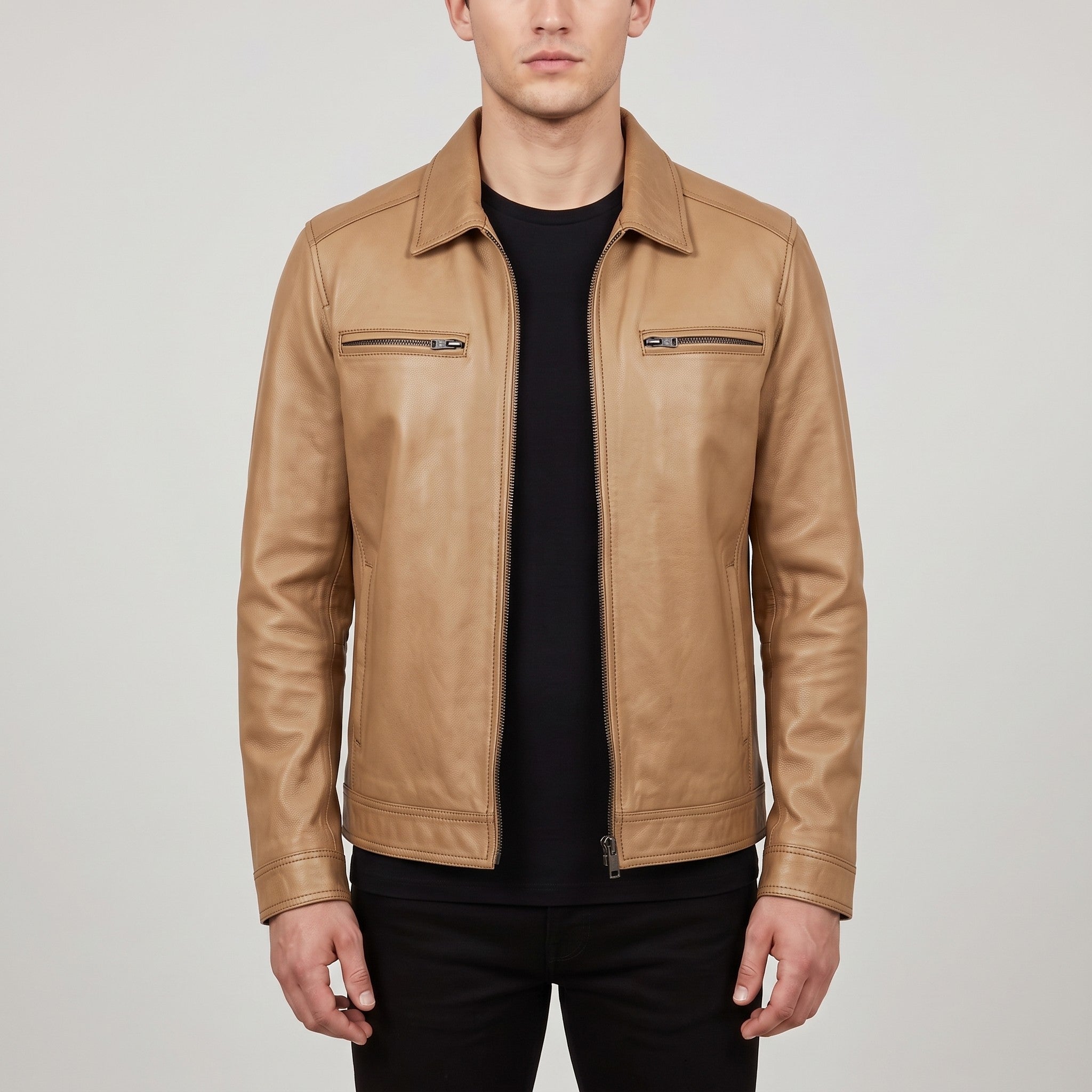 Men's Tan Shirt Collar Leather Biker Jacket — Bedminster