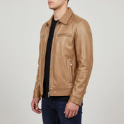 Men's Tan Shirt Collar Leather Biker Jacket — Bedminster