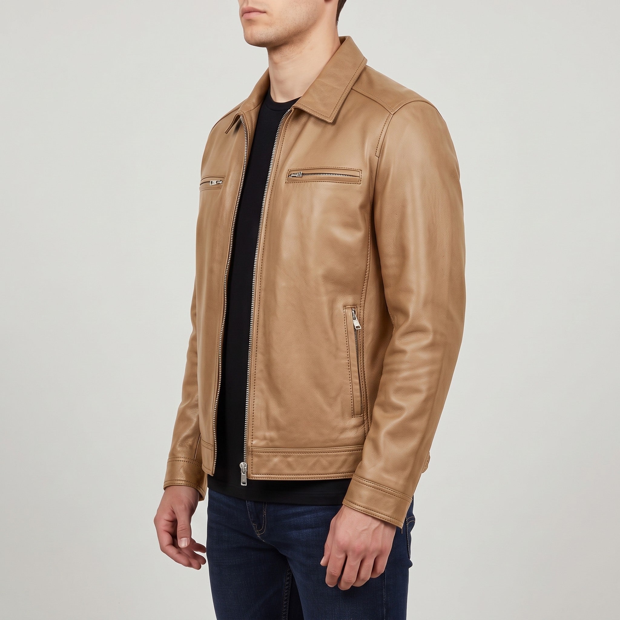 Men's Tan Shirt Collar Leather Biker Jacket — Bedminster